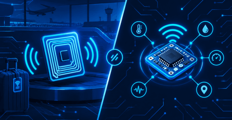 RFID tag and IoT sensor comparison illustration for aviation asset tracking