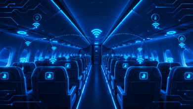 Aircraft cabin interior with IoT connectivity icons illustrating smart cabin technology