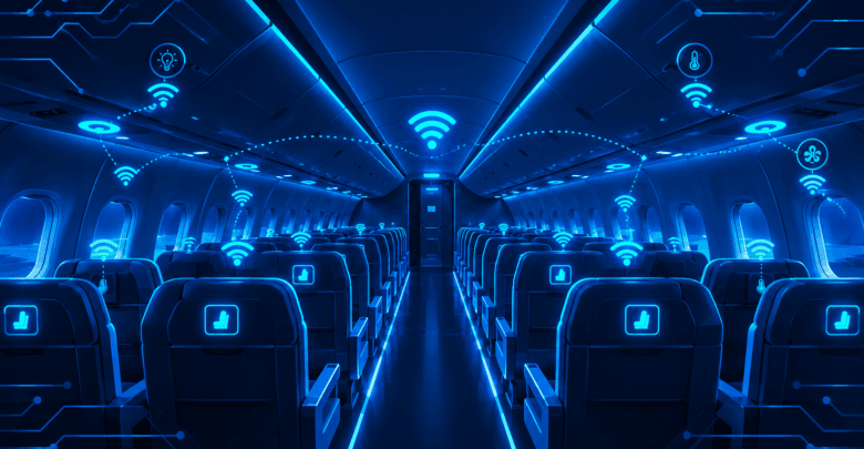 Aircraft cabin interior with IoT connectivity icons illustrating smart cabin technology