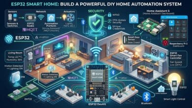 ESP32 smart home automation system with sensors and connected devices