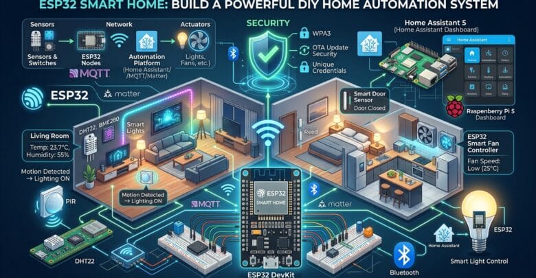 ESP32 smart home automation system with sensors and connected devices