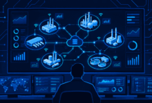 SCADA control room illustration showing supervisory monitoring of industrial systems