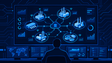 SCADA control room illustration showing supervisory monitoring of industrial systems