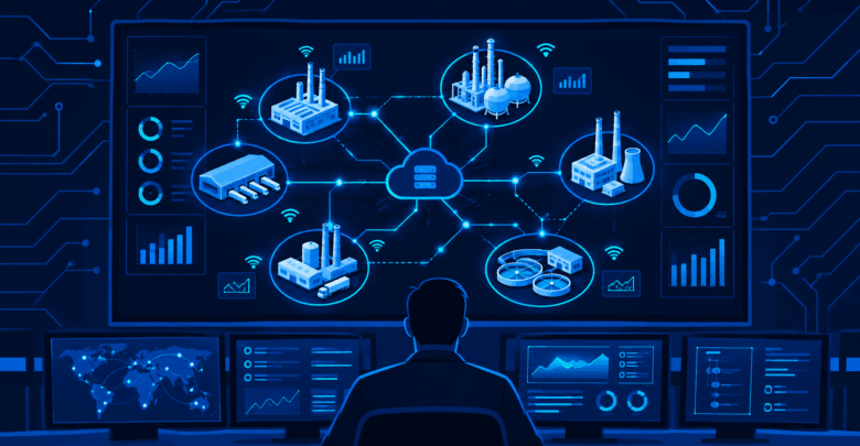 SCADA control room illustration showing supervisory monitoring of industrial systems
