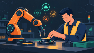 Collaborative robots working beside a human operator on a factory line