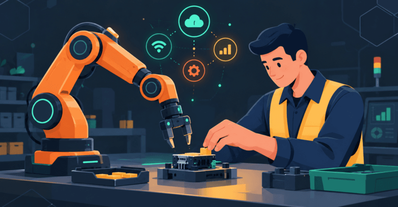 Collaborative robots working beside a human operator on a factory line