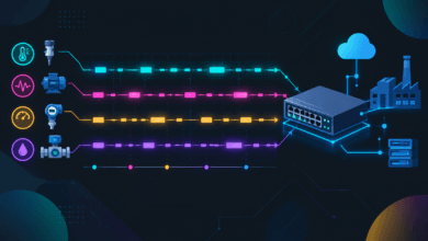 Time-Sensitive Networking illustration showing synchronized data packets on an industrial Ethernet network