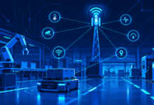 5G network towers connecting to industrial robots and sensors on a factory floor