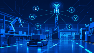 5G network towers connecting to industrial robots and sensors on a factory floor