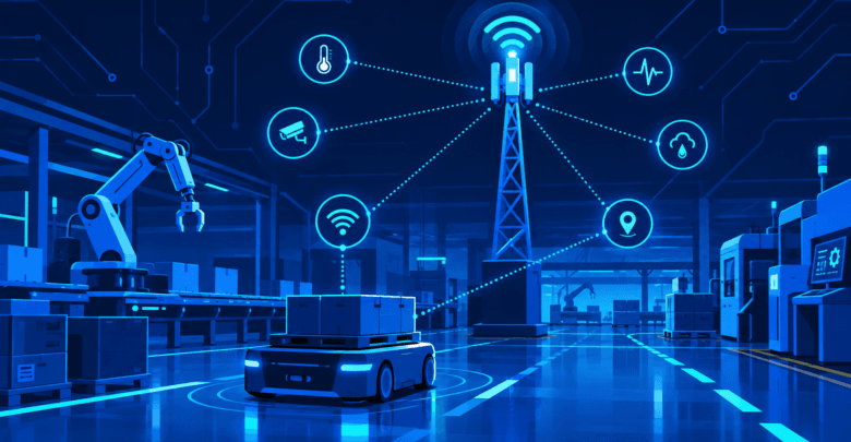 5G network towers connecting to industrial robots and sensors on a factory floor
